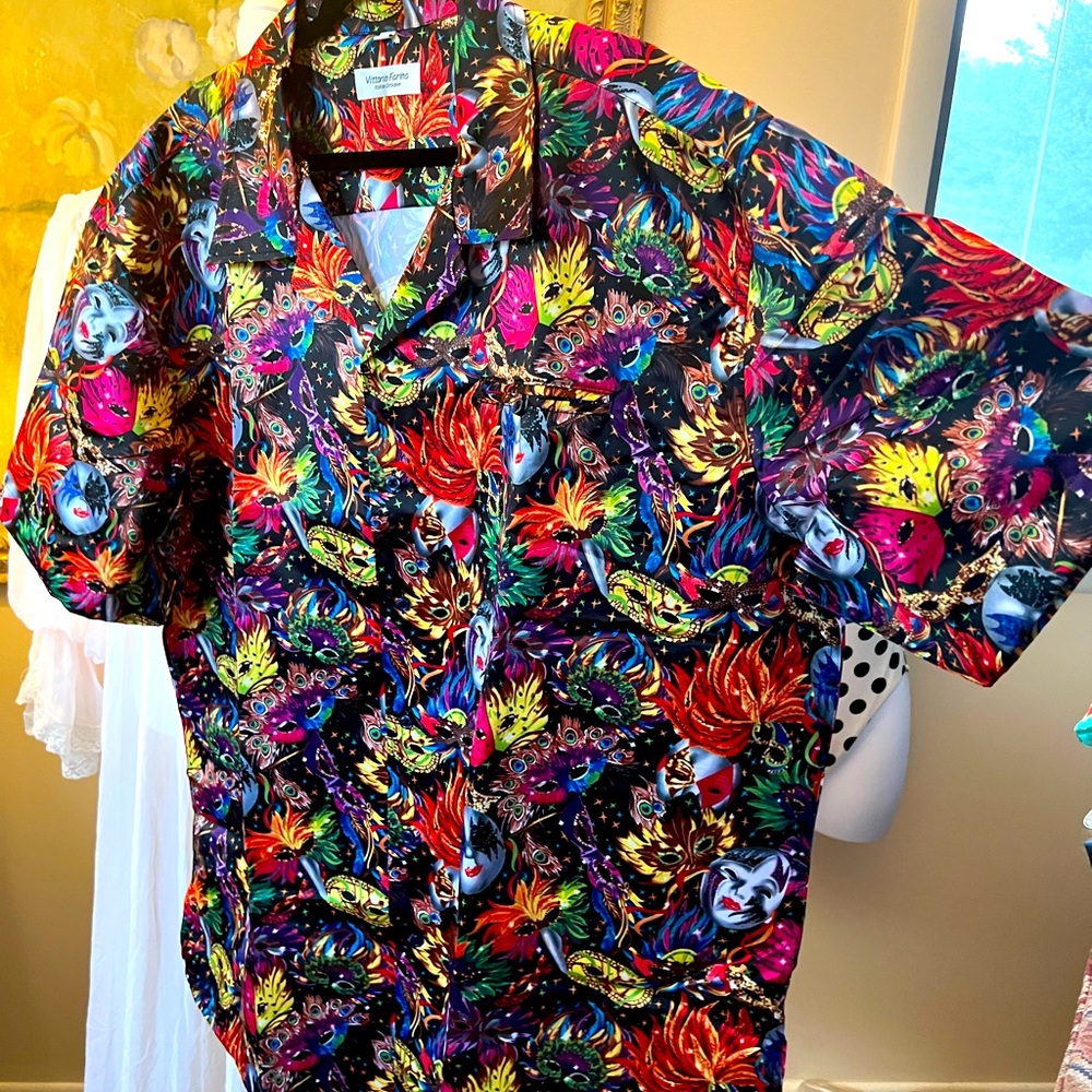 Vittorio Farina CRAZY Men’s Mardi Gras XXL Silky Print Shirt ❤️💛💙🖤🧡